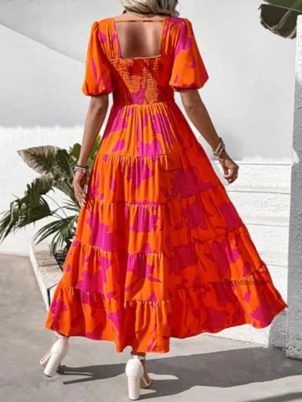 Floral Tiered Maxi Dress Smocked Puff Short Sleeve Square Neck Plus Size